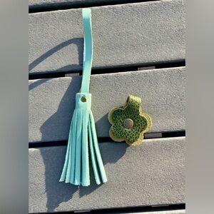 🆕 Portland Leather Teal Tassel Keychain & Dark Green Pebbled Flower Snap Charm